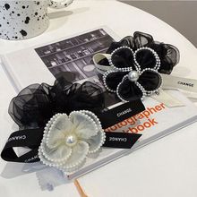 超仙肠圈织带珍珠五瓣花高弹力欧根纱韩版发饰新款气质丸子头发圈