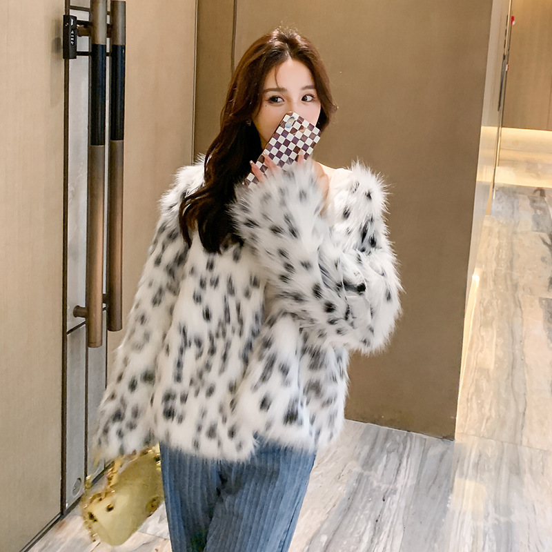 Damjacka i fuskpäls vinter plysch leopardmönstrad casual kappa_voghion.com