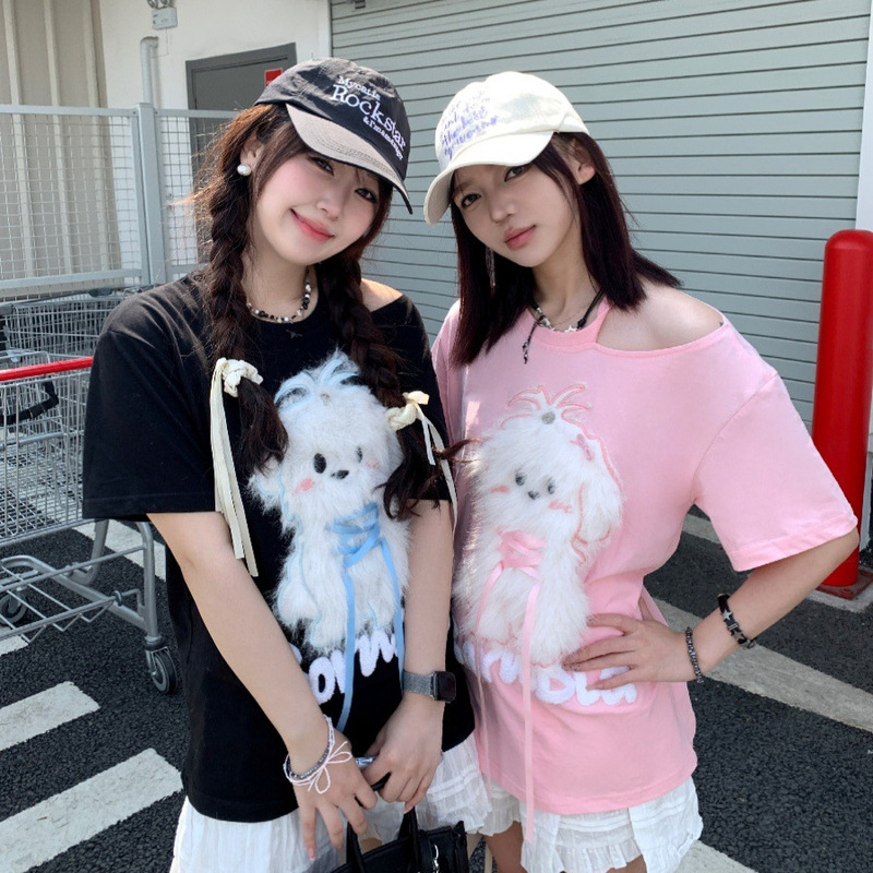 2025 New Summer Style American Retro Cute Puppy Embroider Design Casual Loose Women's Pure Cotton Short-Sleeved T-Shirt