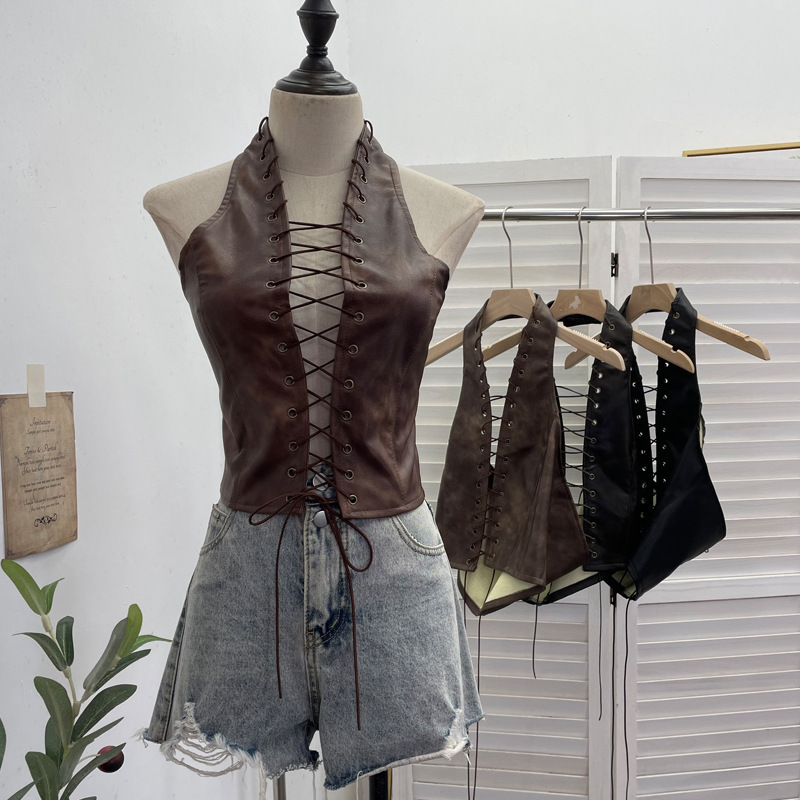 Real Shot of Cross-Border Sexy Sexy Cut Out Strap Halterneck Pu Leather Camisole Short Backless Top for Women 8120