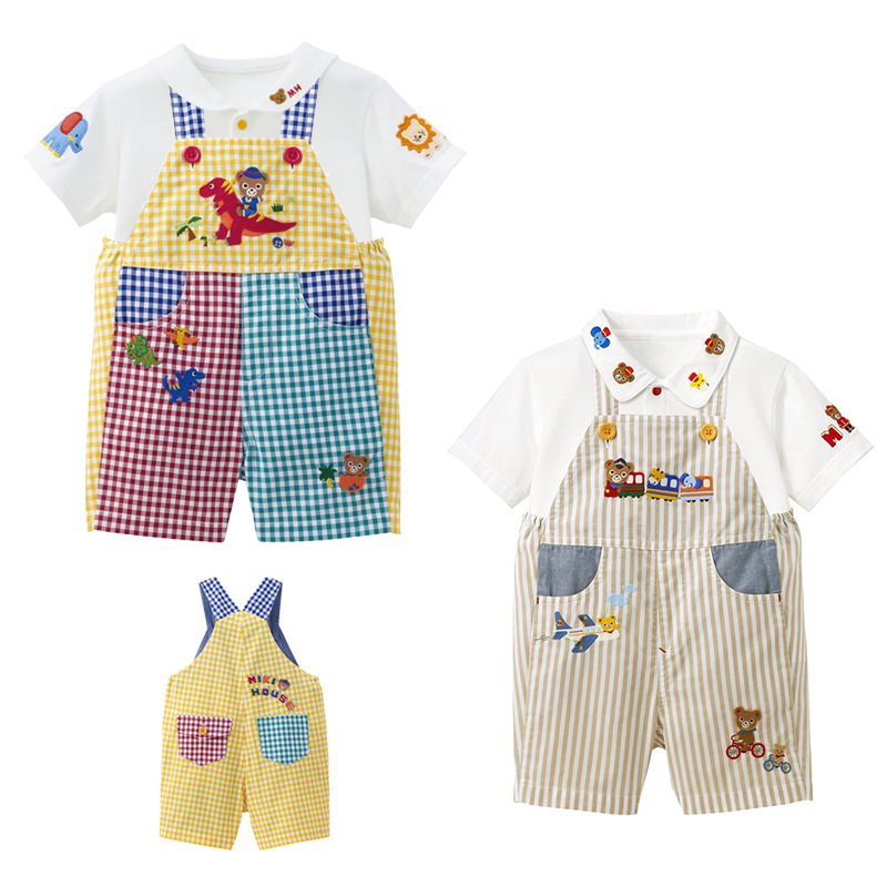 包邮宝宝背带裤 夏新款卡通小熊恐龙火车刺绣格子条纹背带裤代发