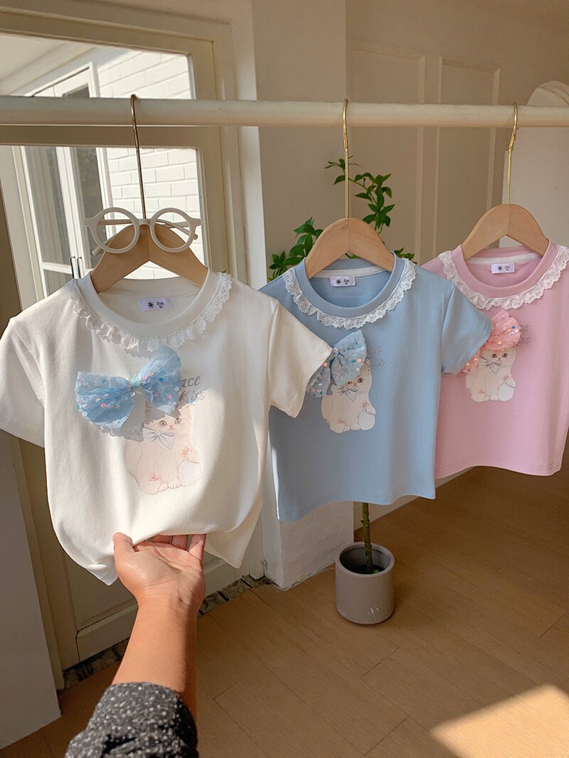 Summer cute lace thin T-shirt with bow