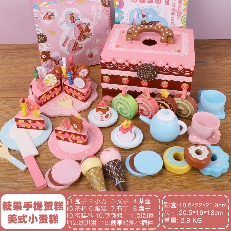 Nuevos niños jugar casa portátil caramelo postre pastel de madera en caja simulación helado corte Rosa cocina Juguetes