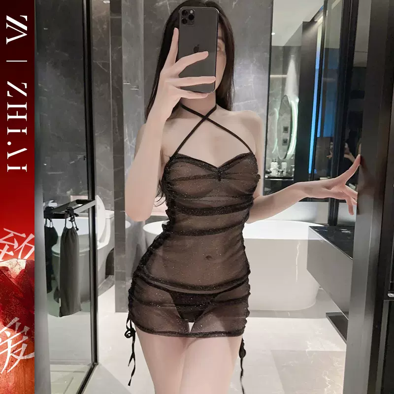 情趣内衣性感睡裙细闪吊带网纱调情透视装激情夜店风制服挂脖套装