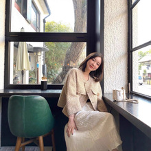 细闪香槟金2025秋季短款九分袖宽松A字羊毛编织粗花呢外套气质