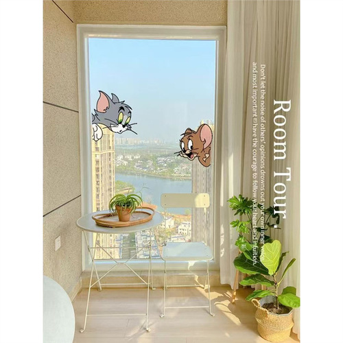 Cat and Mouse Bathroom Glass Door Decal Creative Cartoon Toilet Bathroom Decor Sticker Kitchen Waterproof Film