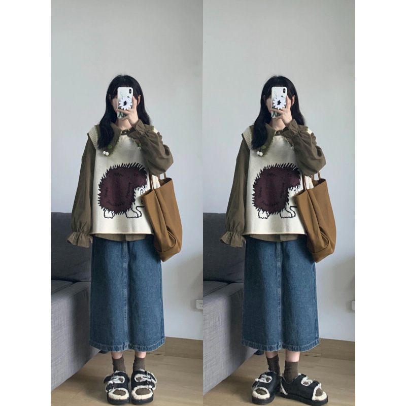 衬衫两件套茶系套装女2025春季新款艺术感针织马甲背心叠穿娃娃领