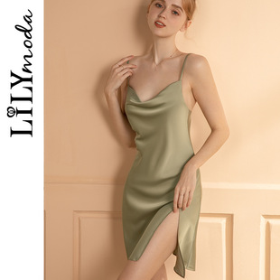 Nightdress Women's Spring and Autumn Thin Sexy Girl Sling Backless Ice Silk Solid Color Simple Midi Dress Pajamas Home Clothes