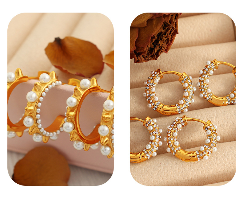 7g Weight 0.03µm-0.05µm Gold Plating Thickness PVD Coated Gold Plating Process 304 Stainless Steel Ear Needle Material PVD Coated Real Gold Plated C Shape Imitation Pearl Titanium Steel Simple Style Waterproof Non Tarnish Earrings