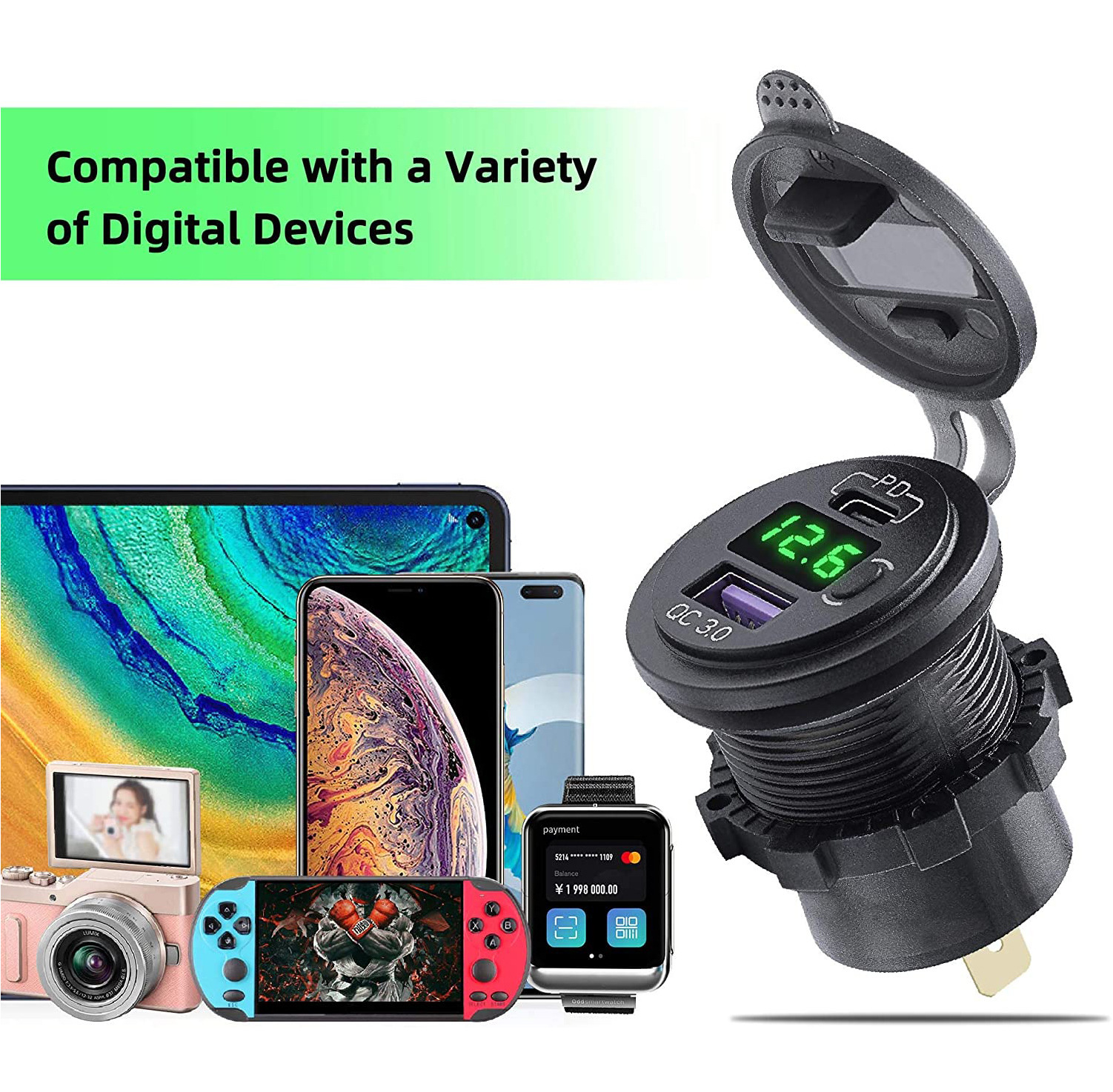 Smart Car Universal 12V Modified Pd Car Charger with Voltage Meter Display Button Qc3.0 Car USB Charger