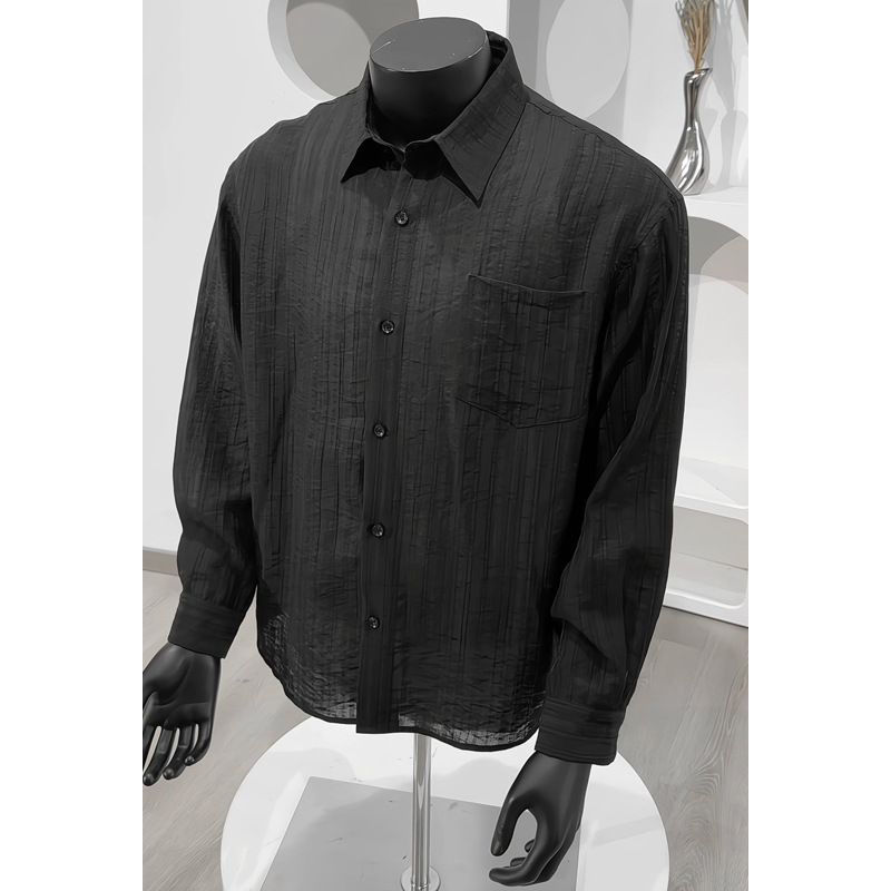 Hong Kong-style Retro Textured Thin Shirt, 2026 Spring New Model, Large Size, Solid Color, Collared, Long-sleeved,_voghion.com