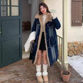 深蓝色毛绒牛仔派克服女中长版2024冬高级感气质保暖皮毛一体外套