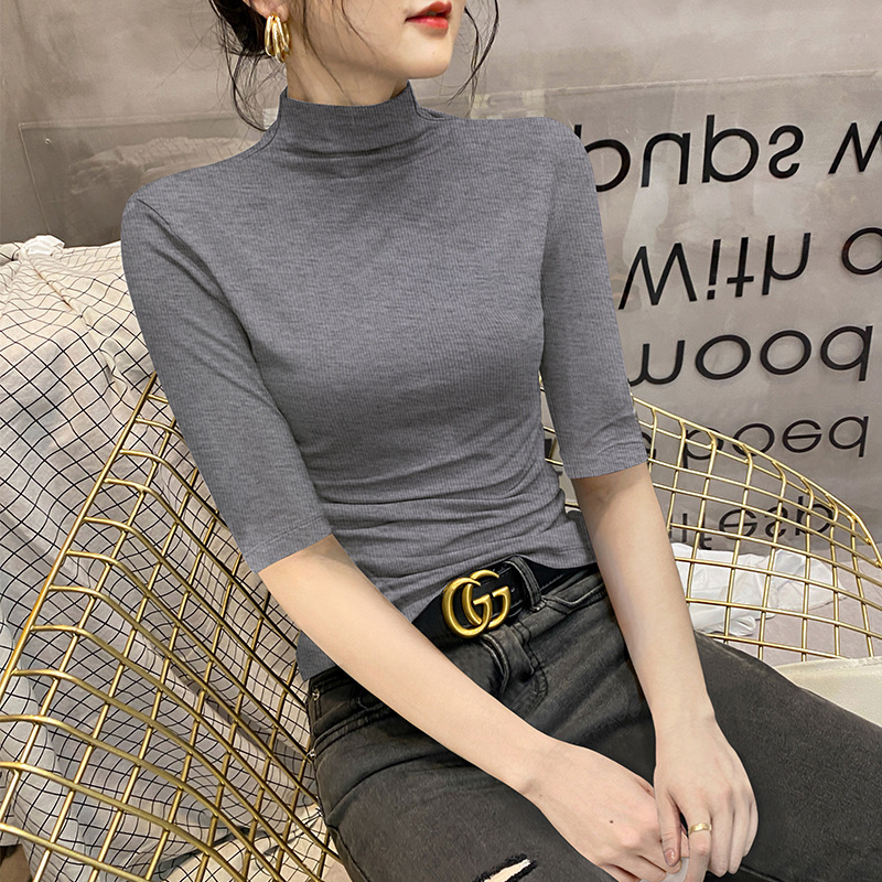 モーダル半袖 Tシャツレディースハーフタートルネックボトリングシャツ 2025 夏の新ファッション多用途黒スリムトップ|undefined