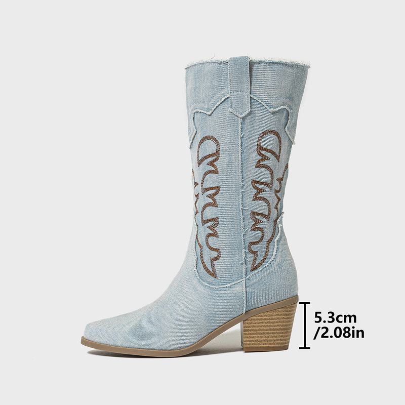 in stock-cowboy boots women's 2024 new western Denim wind embroidered mid-barrel knight boots thick heel mid-length boots