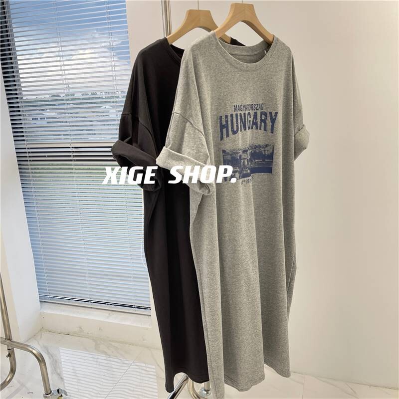 2026 Summer Short-Sleeved T-Shirt Dress Ins Style Loose-Fitting Long Over-The-Knee Dress