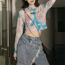 短款露脐扎染网纱t恤女夏季辣妹圆领高腰修身女装上衣罩衫
