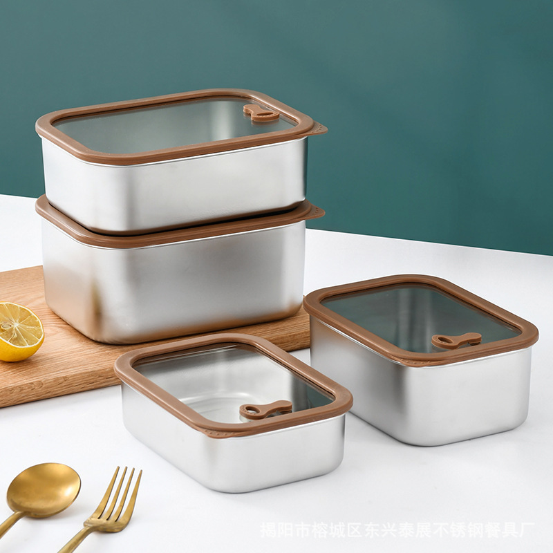 Refrigerator Crisper 304 Stainless Steel Glass Lid Sealed Vegetable Preparation Box Food Can Contact Fresh-Keeping Freezer Box