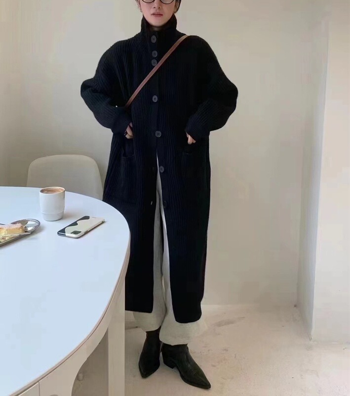 厚实软糯慵懒风粗针毛衣开衫女设计感小众高领中长款针织大外套|undefined