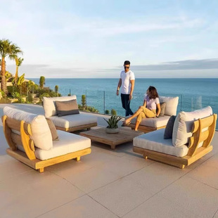Outdoor Teak Sofa Villa Garden Terrace Coffee Table Combination Outdoor Leisure Waterproof Sunscreen Rattan Solid Wood Furniture