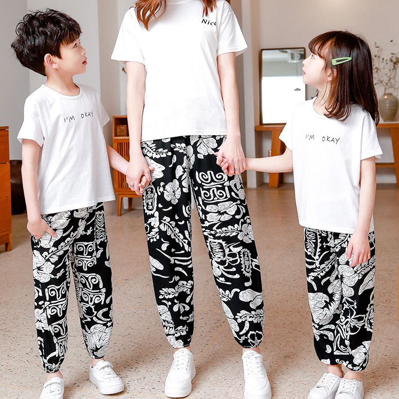 New summer children's anti mosquito pants, parent-child pants, children's clothes, cotton anti mosquito pants, girls' big boys' wide leg pants, lantern pants, cotton silk