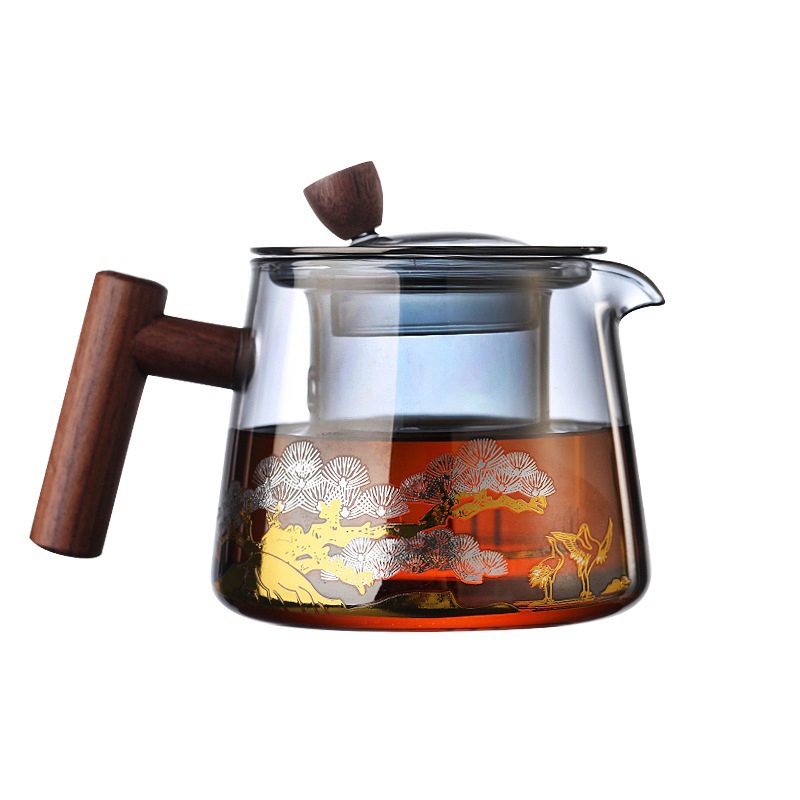 Tetera de vidrio hogar tetera de separación de té juego de té de vidrio resistente a altas temperaturas de vidrio ahumado gris mango de madera tetera