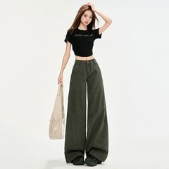 军绿色设计感显瘦牛仔裤女装口袋2025年辣妹百搭宽松阔腿裤小个子