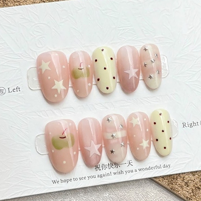 French-style cream yellow polka dot oval-shaped press-on nails, fresh and cute, green apple and silver star nail art, wholesale French-style cream yellow polka dot oval-shaped press-on nails, fresh and cute, green apple and silver star nail art, wholesale
