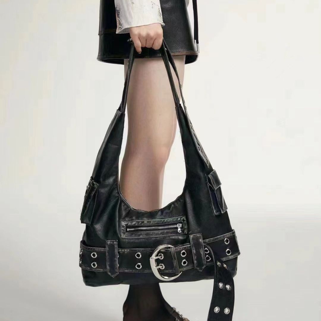 2025 New Sweet Cool Spicy Girl Black Commuter Tote Bag Retro Punk Motorcycle Shoulder Crossbody Bag For Women