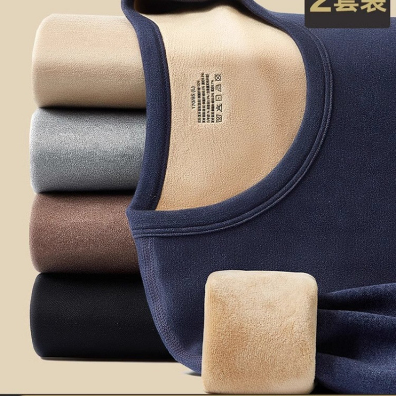Men's Thermal Underwear Set with Fleece, Thickened Autumn Clothes and Pants, Lamb Fleece Heating for Autumn and Winter