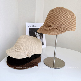Simple fine paper braid equestrian hat for women summer sun protection straw hat exquisite bow peaked hat solid color sun hat trendy
