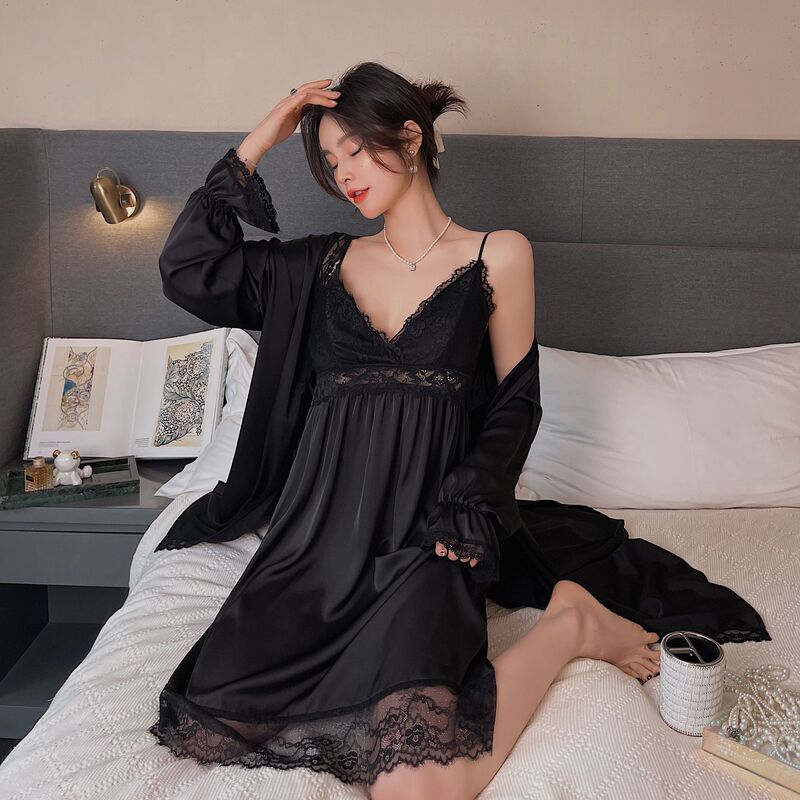 Pure desire style nightdress spring and autumn Ice Silk sexy with chest pad long nightgown two-piece suspender pajamas women's high-grade summer Pure desire style nightdress spring and autumn Ice Silk sexy with chest pad long nightgown two-piece suspender pajamas women's high-grade summer