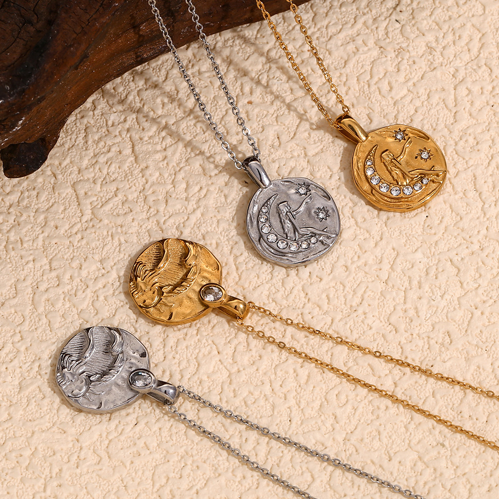 304 Stainless Steel Material Sun, Moon Pattern Wholesale Jewelry Retro Sun Moon 304 Stainless Steel Rhinestones 18K Gold Plated Plating Inlay Pendant Necklace Cable Chain