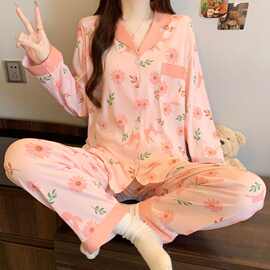 新款碎花印花两件套女士家居服春夏秋长袖长裤睡衣套装女跨境货源