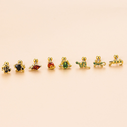 Stainless steel fine rod colorful zirconium gecko snake-shaped mini animal ear bone earring for Western and foreign trade piercing earrings, single piece