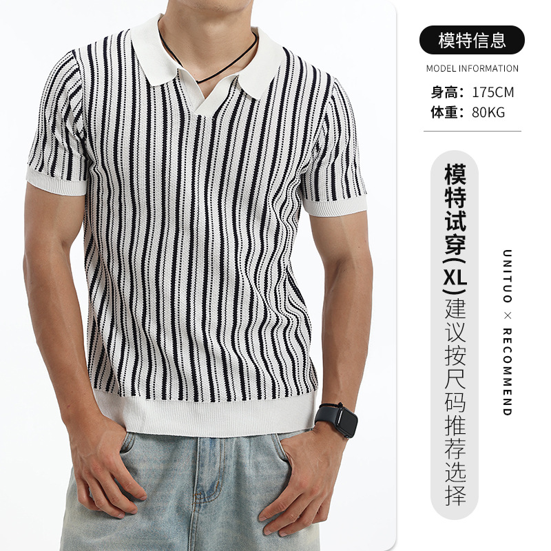 Vintage americano de punto hombre camisa de polo de hielo de manga corta con texturas verticales blindaje de cuello de verano casual hombre