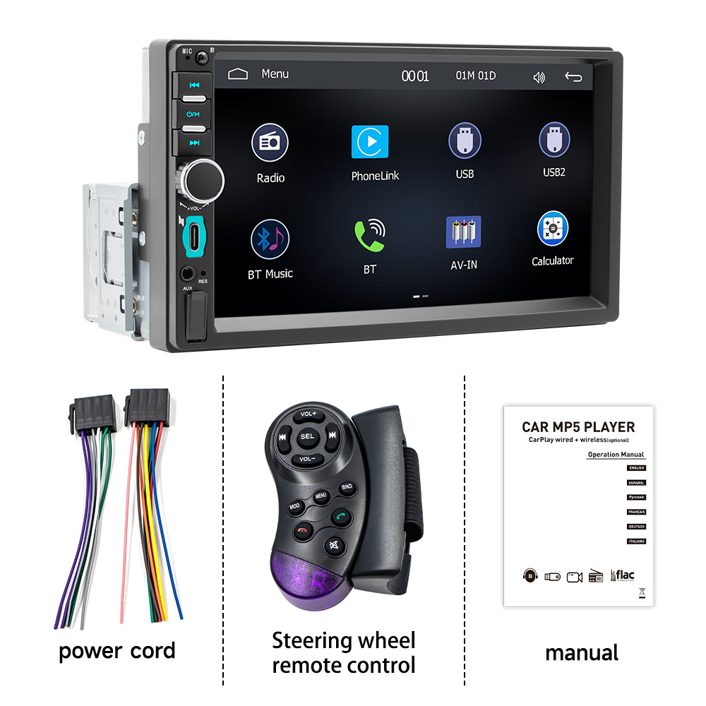 Reproductor MP5 para Auto de 7 Pulgadas con Bluetooth, Carplay, Pantalla de Control Central, Interconexión Auto-Máquina, Imagen de Reversa