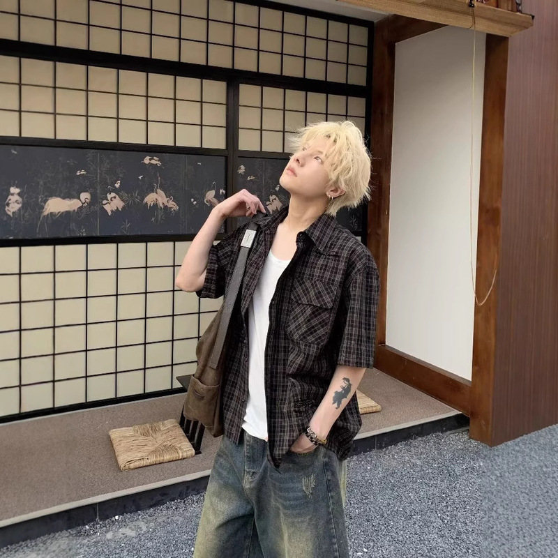 2025 Summer Plaid Short Sleeve Shirt Men's Loose Trendy Original Designer Casual American Retro Shirt