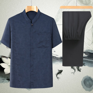 High-end Silk Tang Suit Men's Suit Chinese Style Dad Summer Short-sleeved Heavy High Quality Middle-aged and Elderly Grandpa Suit