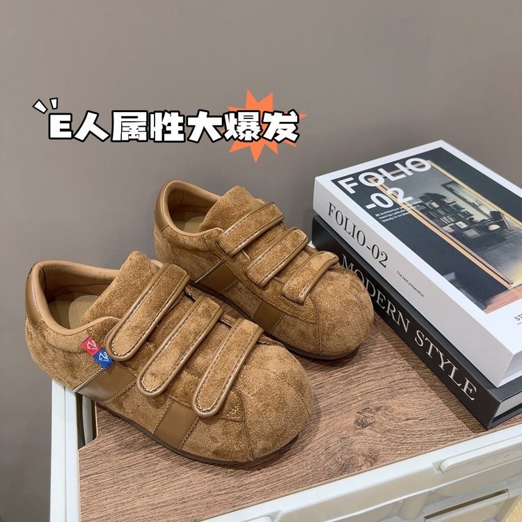 2025年新款磨砂真皮魔术贴卡皮巴拉大头休闲板鞋德训鞋平底单鞋女|undefined