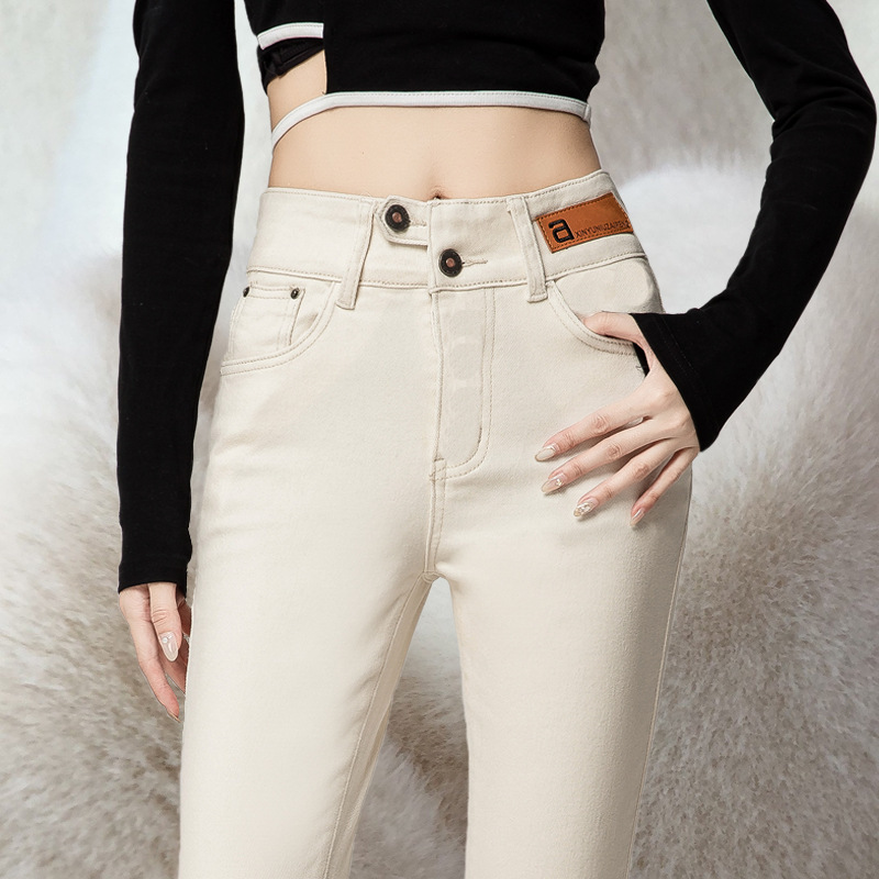 High-Waisted Misaligned Button Outer Jeans for Women in Autumn and Winter New Style Fleece-Lined and Thickeneding Hot Style Slimming Look Pencil Pants