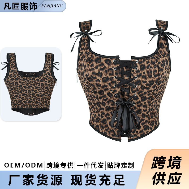 New Leopard Print Corset with Front Lace-Up Women's Tube Top Sexy Waist-Cinching Palace Body Shaping Top Cross-Border Supply