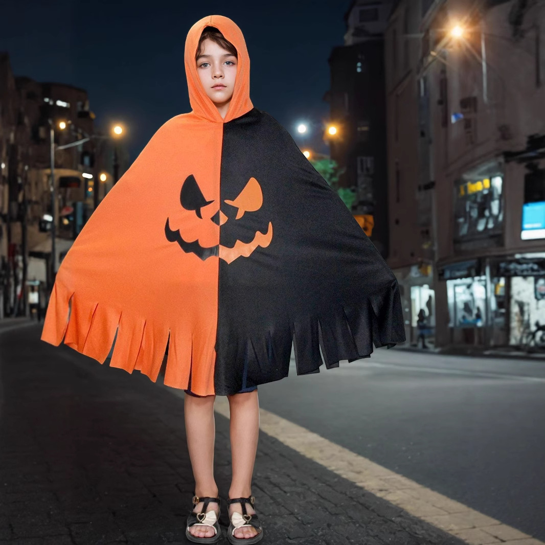 Halloween cape, pumpkin bat, carnival children's costume, hooded, color-blocked cosplay children's clothing.