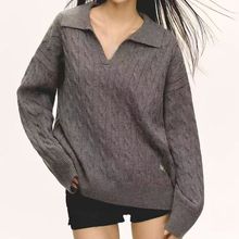 秋冬款麻花翻领毛衣女大码纯色百搭套头针织衫跨境慵懒风长袖上衣