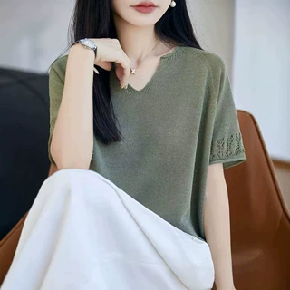 天丝亚麻无缝一体V领针织短袖女2026夏季新款镂空纯色T恤背心女