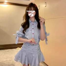 2025新款学院风miu系蓝色衬衫连衣裙子女春夏季气质收腰百褶短裙