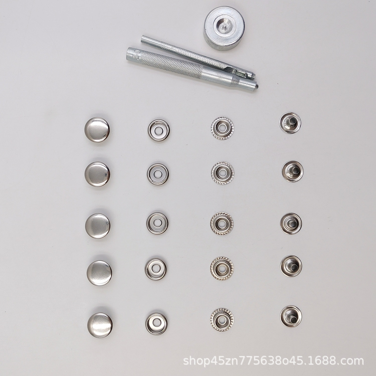 Inventario al por mayor de metal cuatro cierre conjunto de herramientas de instalación lona de tienda 201 botones de acero inoxidable botones blancos