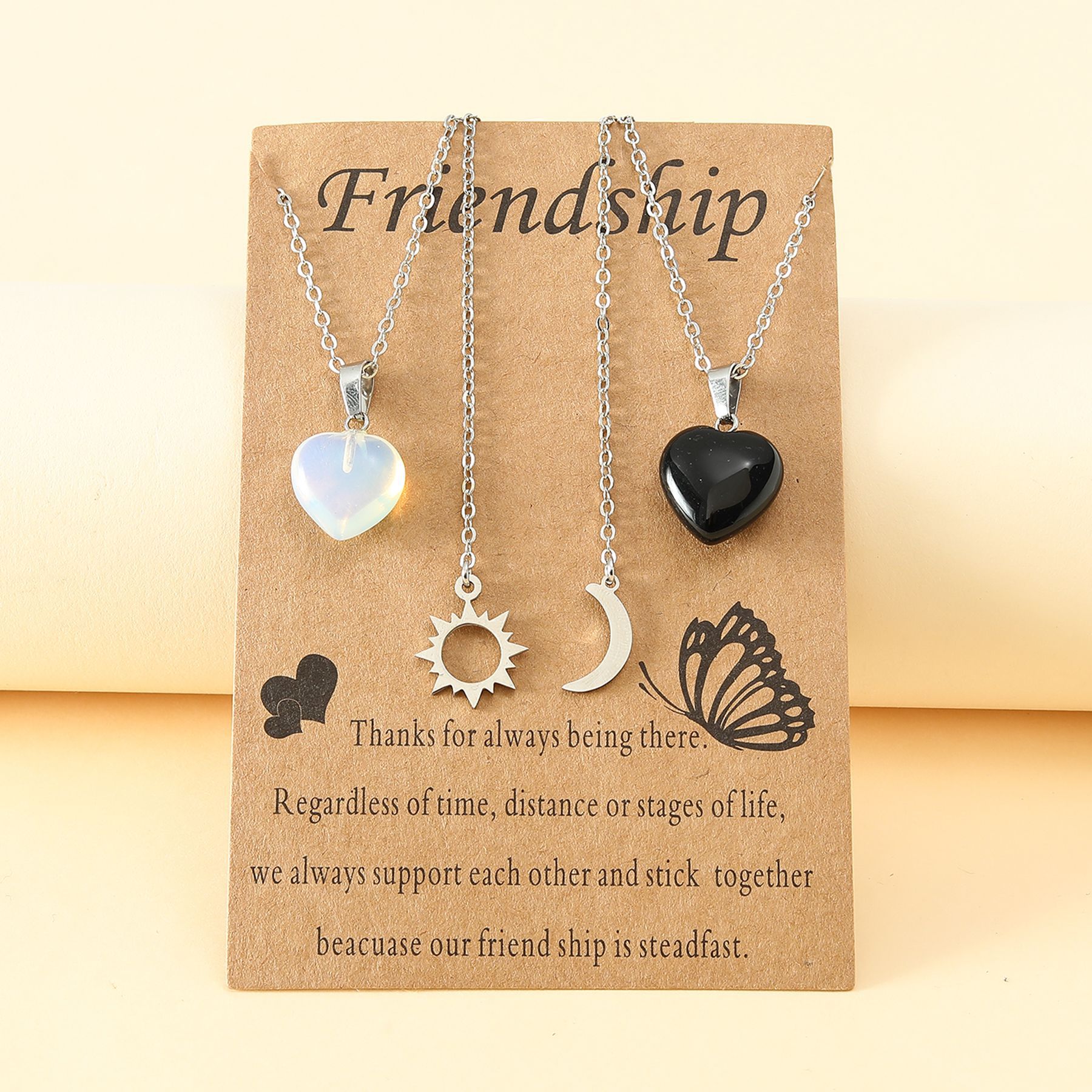 Fashion Stainless Steel Sun And Moon Friendship Card Heart-shaped Natural Stone Clavicle Chain display picture 1