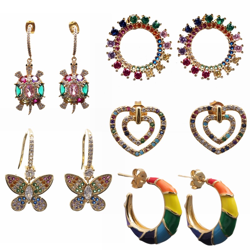 Cruz-frontera amazónica europea y americana de tipo C gota de aceite arcoíris pendientes mariposa tortuga pendientes de temperamento en forma de corazón