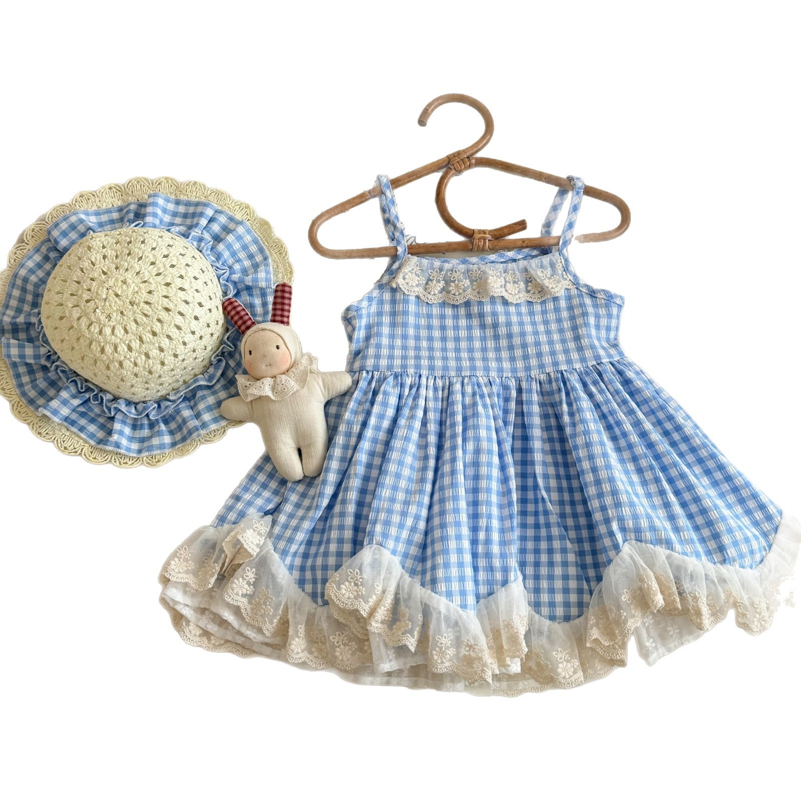 [Xianning Seven] Vestido de niña de descanso de té 25 verano nuevo estilo para niños falda de tirantes a cuadros falda de encaje