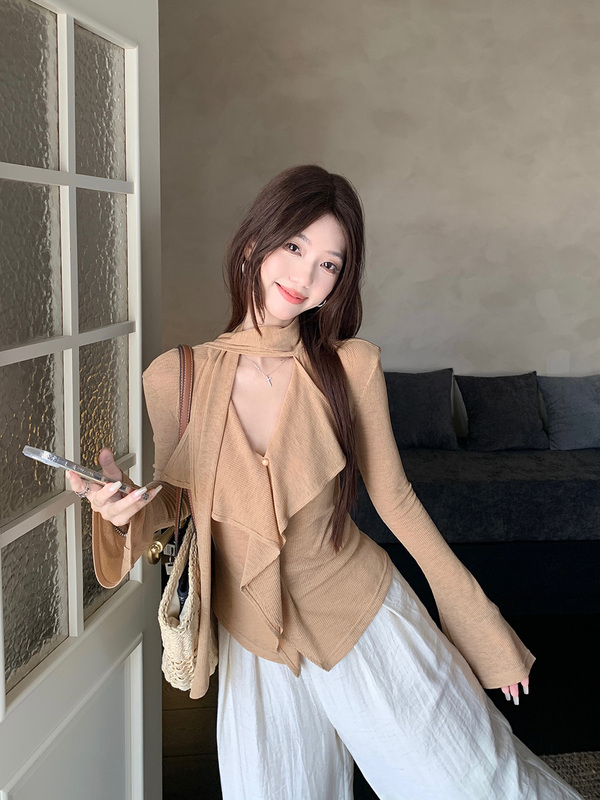 松弛系设计感飘带V领长袖T恤女2025秋季新款修身显瘦小众chic上衣|undefined